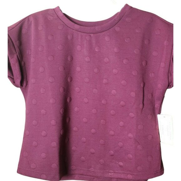 Flower & Feather Short Sleeve Top Womens Textured Polka Dot Sz S NWT Burgundy - Picture 2 of 6